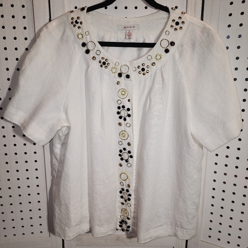 JM Collection Size 14 Linen Embellished Open Front White Short Sleeve